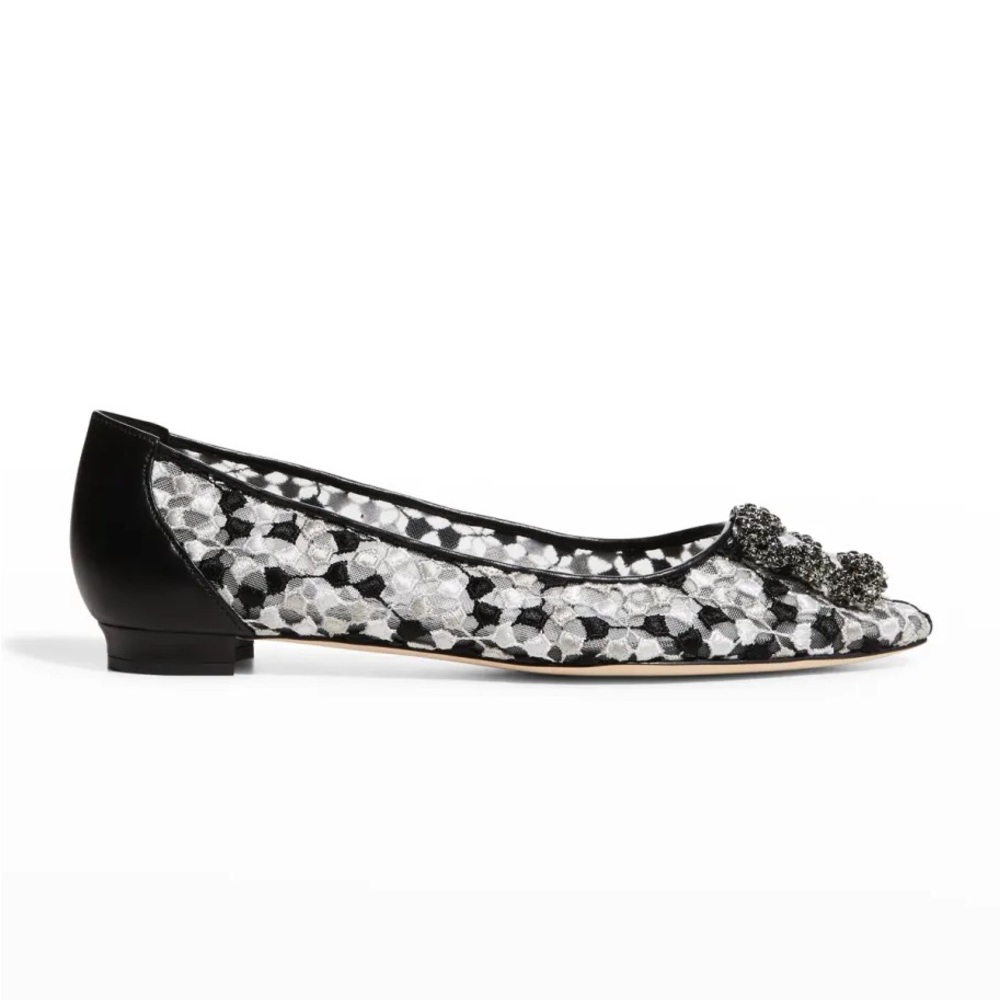 NEW Manolo Blahnik Hangisi Lace Buckle Ballerina Flat Shoes Black & White Sz 39